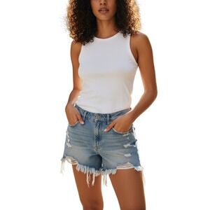 Enjean Womens High Rise Distressed Denim Shorts Light Wash Frayed Hem Size M